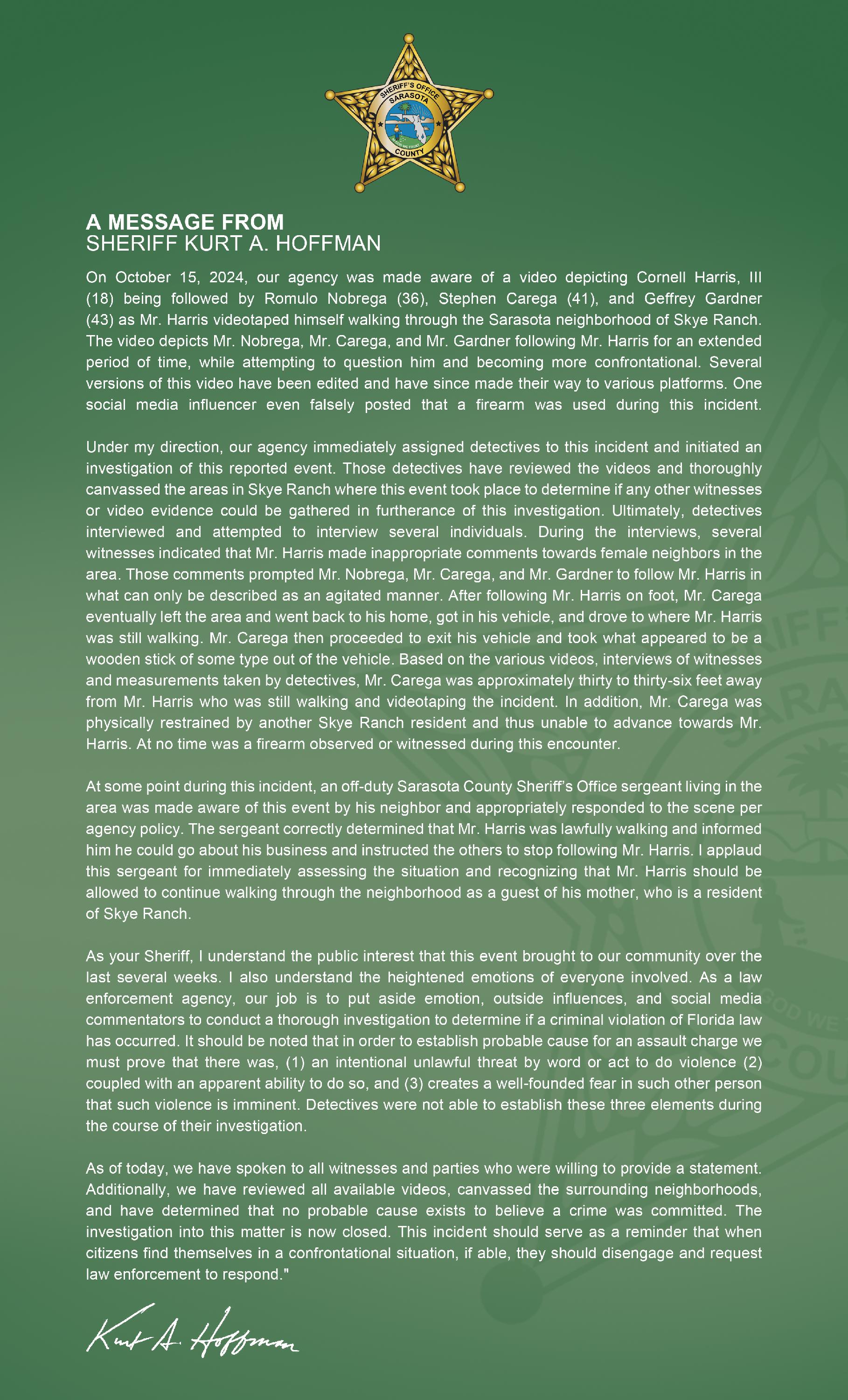 Sheriff's Message - Skye Ranch Response 10-7-24